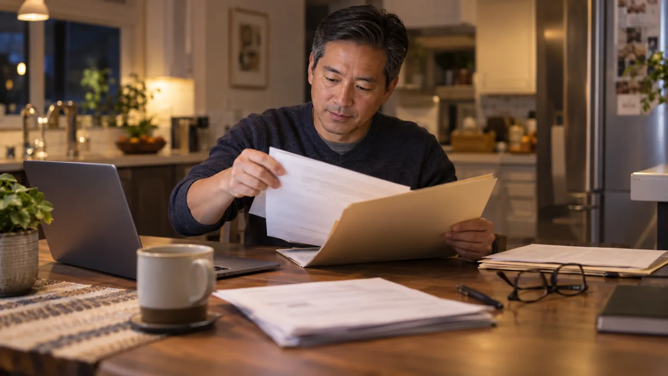 Man at his kitchen table in the evening organizing paperwork into a manila folder next to a laptop