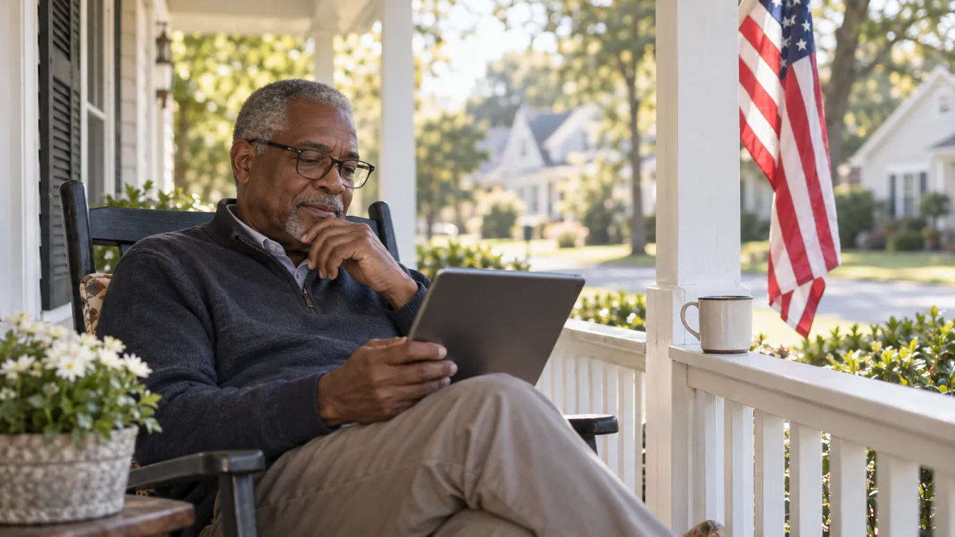 Man in his sixties reading the news on a tablet on his front porch, with a cup of coffee and an American flag