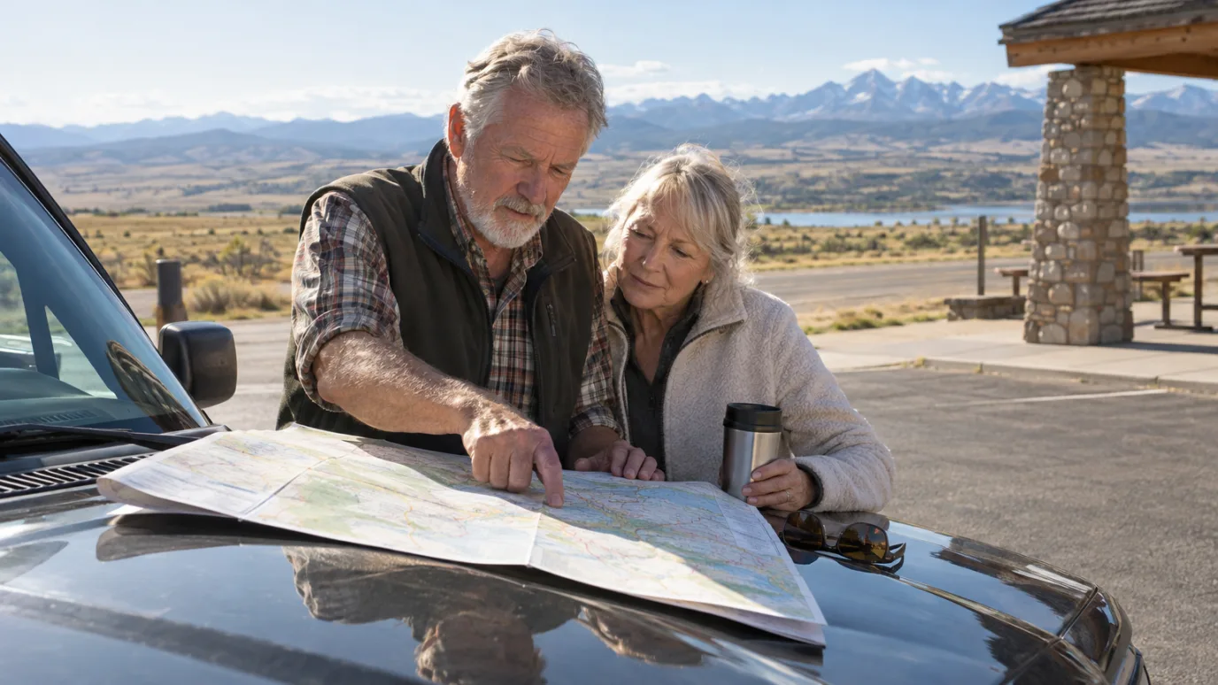 Older couple at a highway rest area studying a paper road atlas spread on the hood of their pickup truck