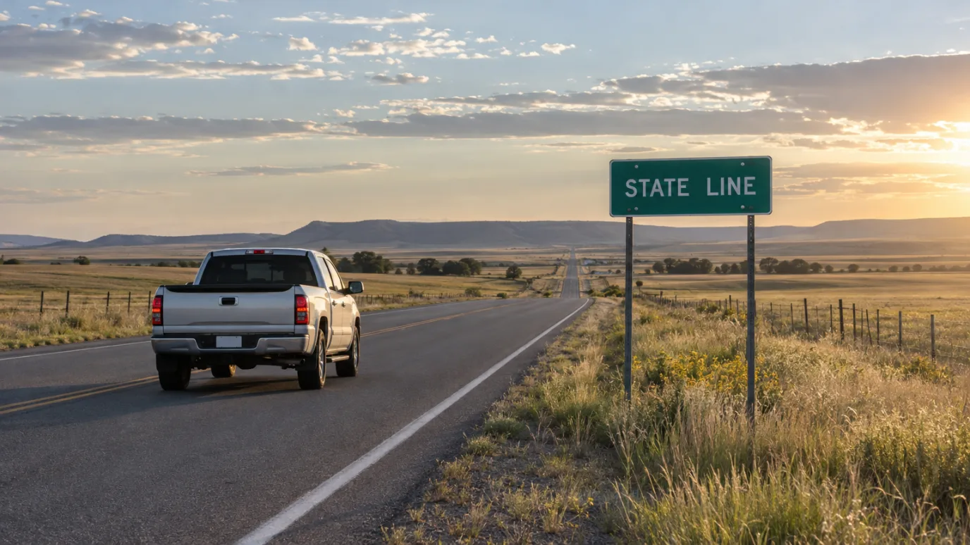 Pickup truck on a rural two-lane highway passing a green roadside sign that reads State Line