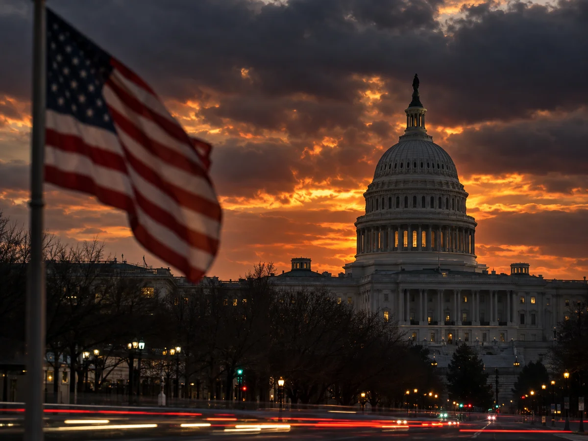 U.S. Capitol at dusk under storm clouds with an American flag in the foreground